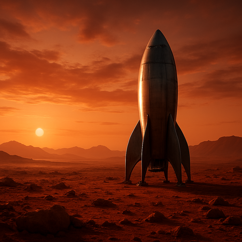 A futuristic rocket standing on the red surface of Mars at sunset